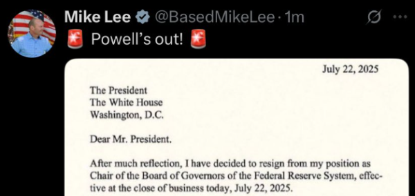 股神配资 鲍威尔“假辞职信”流传网络，共和党参议员信以为真激动转发